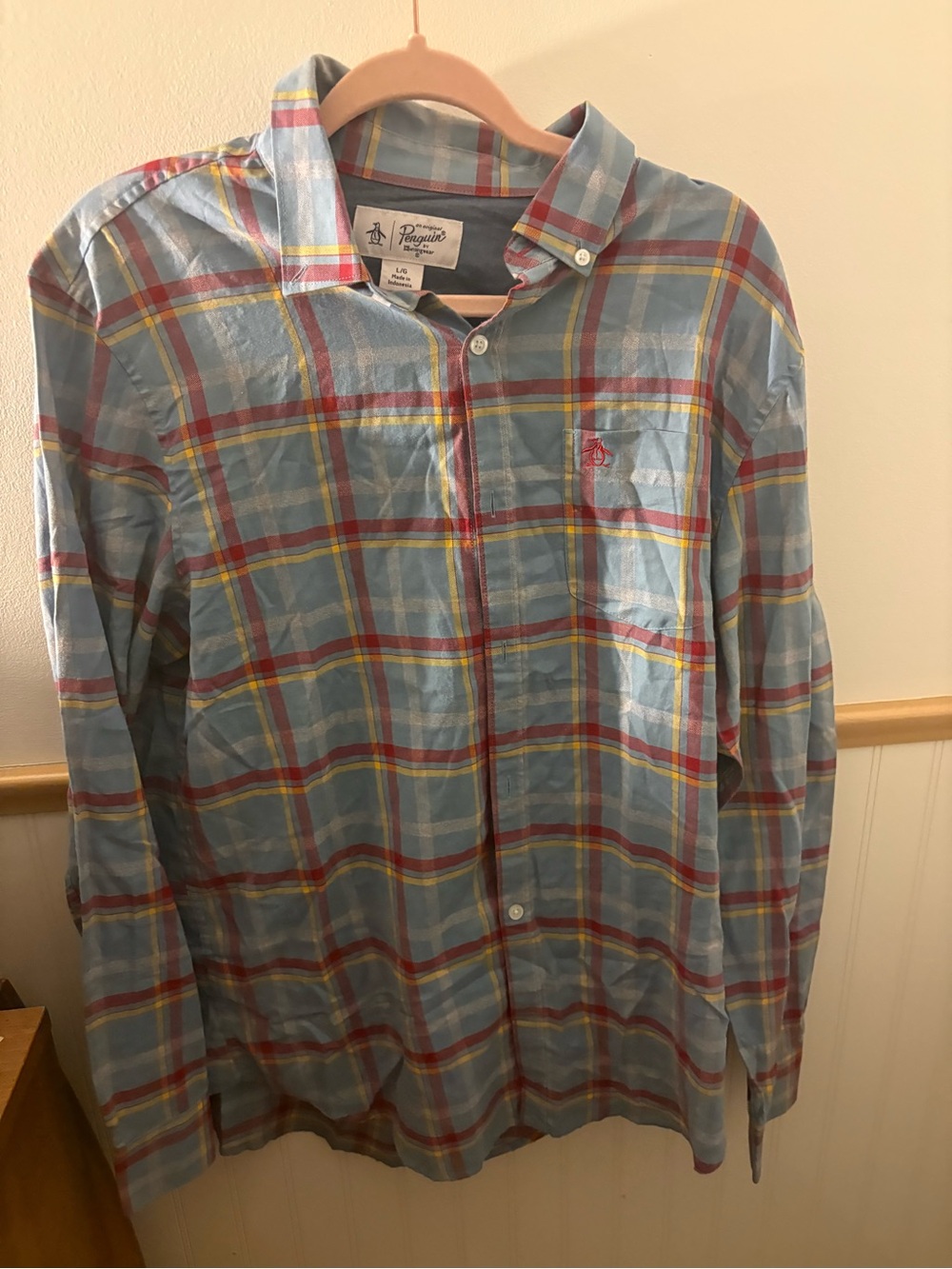Original Penguin Munsingwear Mens L Blue Plaid Long Sleeve Button Down Shirt